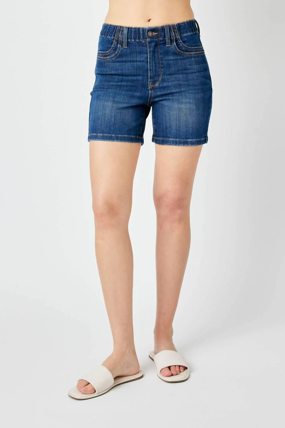 High Waist Elastic Waist Mid Length Shorts In Blue | Shop Simon