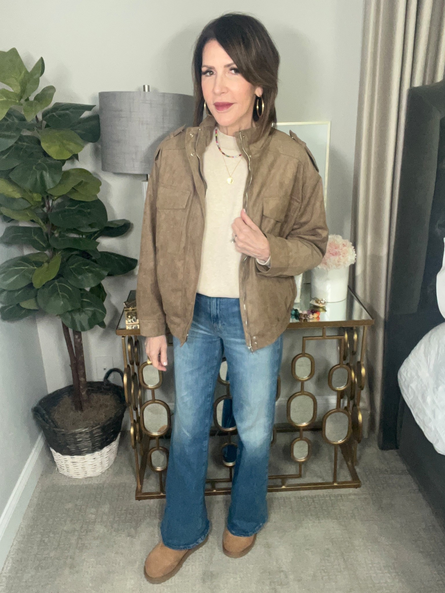 faux suede leather jacket, wide leg jeans, uggs, beaded necklace, gold jewelry, sweater, winter outfit, over 50 outfits 

#LTKSeasonal #LTKootd #LTKOver40