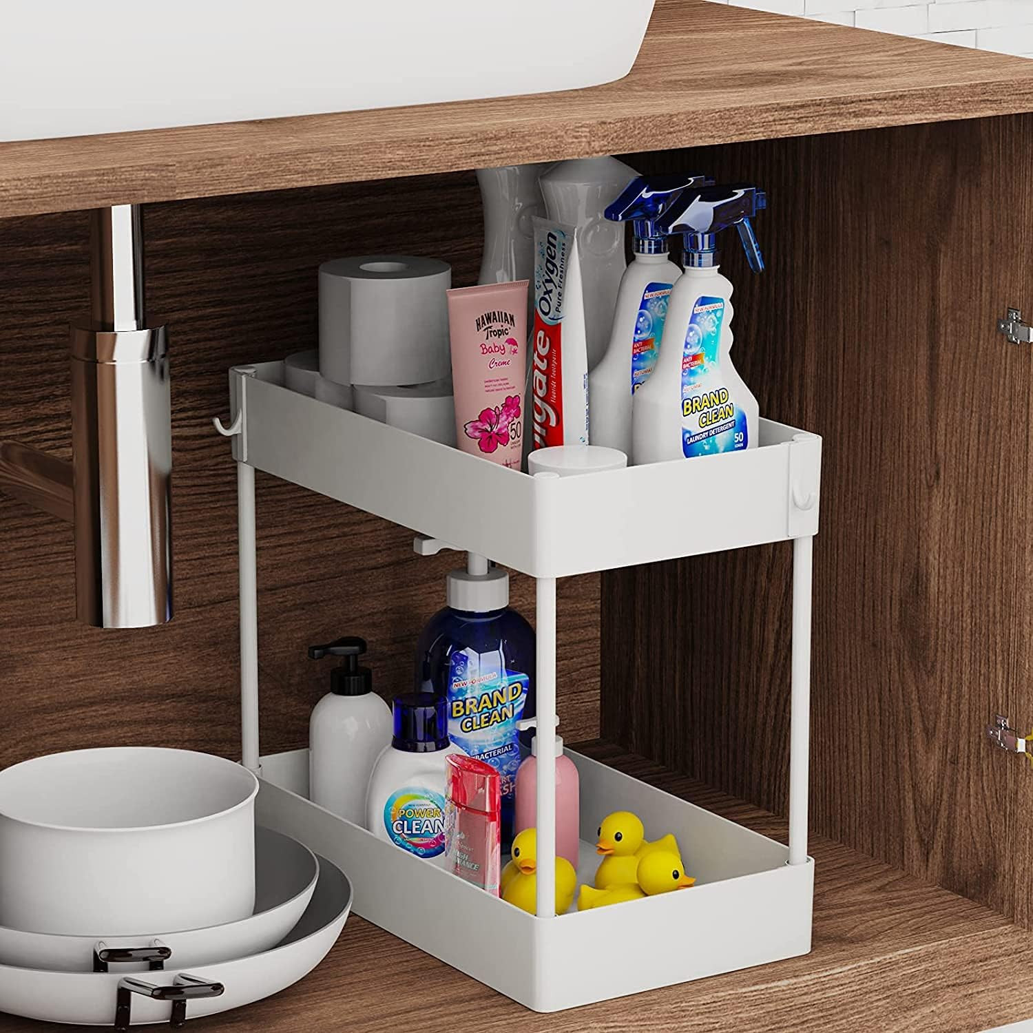 Under Sink Organizer, Under Bathroom Sink Storage 2 Tier Organizer Bath Collection Baskets with H... | Amazon (US)