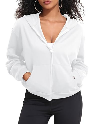 PrettyGuide White Zip Up Hoodies for Women Casual Long Sleeve Comfy Fleece Cropped Jacket Hooded Sweatshirt L | Amazon (US)