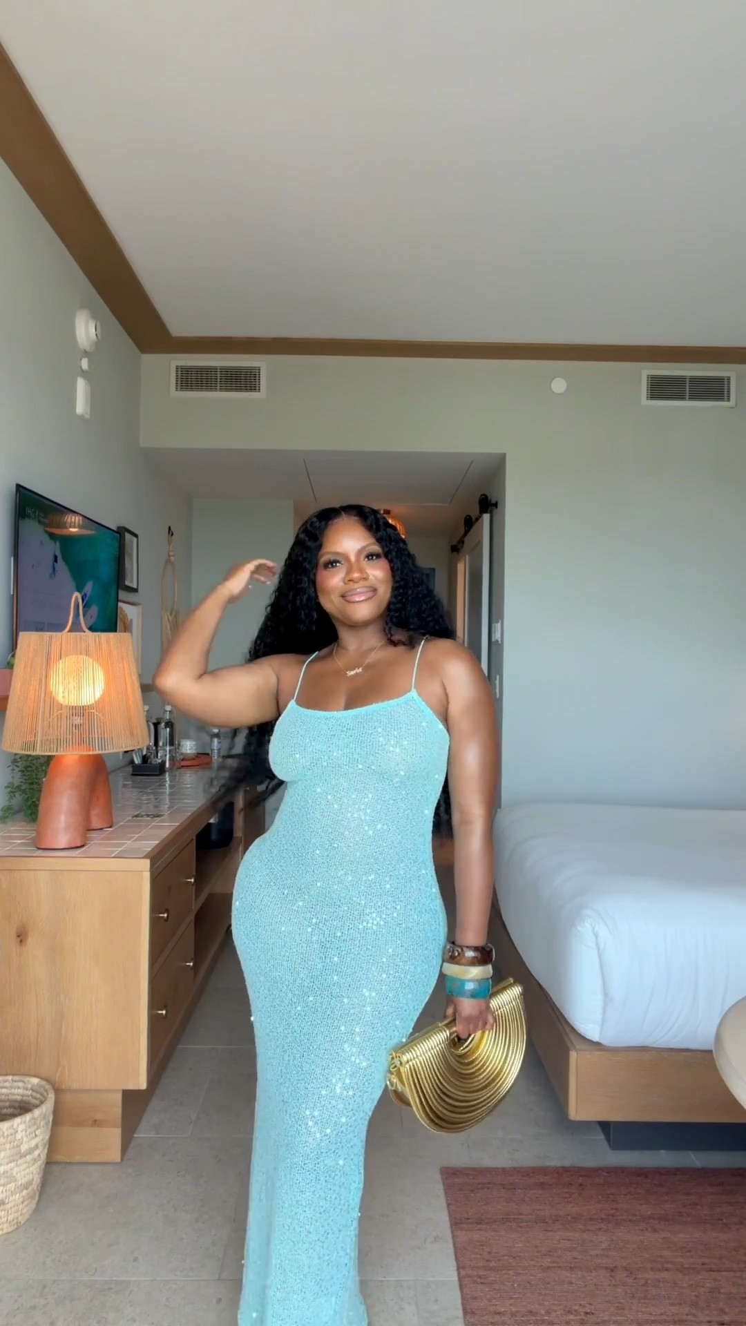 Vacation called and you know I answered ☀️✨🩵 Serving sparkle, ocean hues, and zero emails in this stunning maxi. Jeweled metallic sandals and bangles of course. Everything linked for your next getaway. ✈️ #vacation

#LTKootd #LTKSeasonal