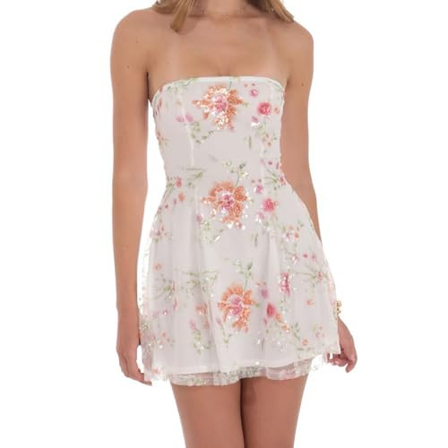 Women's Sequin Mini Dress Strapless Backless Tube Dress Floral Embroidery Summer Cocktail Party Streetwear Dress (Mixed Color, S) | Amazon (US)