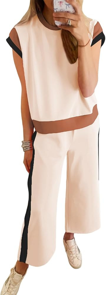 SHEWIN Women's 2 Piece Lounge Sets Casual Short Sleeve Pullover Tops Matching Wide Leg Pants Trac... | Amazon (US)