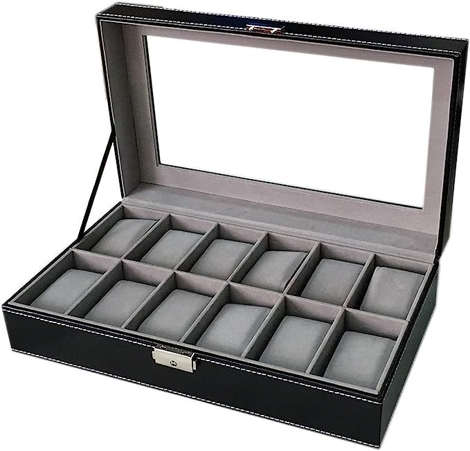 Sodynee WBPU12-03 Watch Dislpay Box Organizer, Pu Leather with Glass Top, Large, Black | Amazon (US)