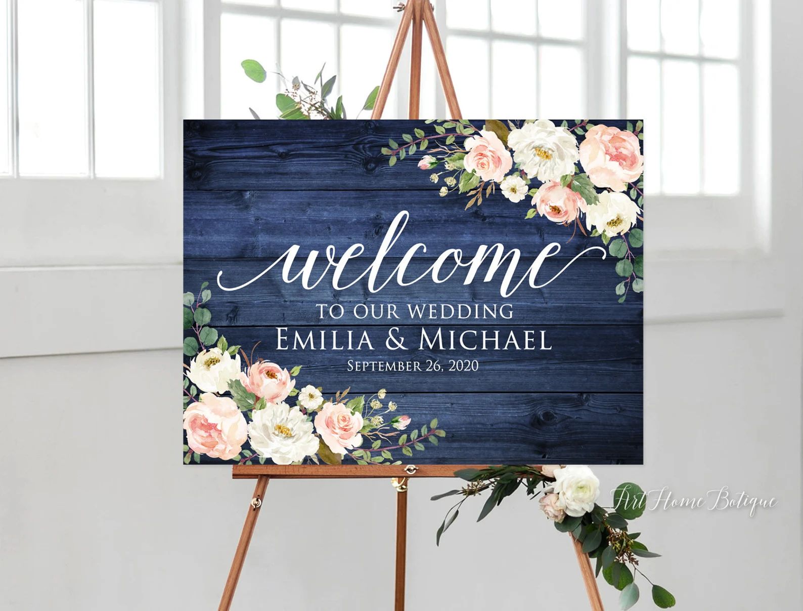 Rustic Navy Wedding Welcome Sign, Welcome To Our Wedding Sign, Blush and Navy Wedding Sign, Horiz... | Etsy (US)