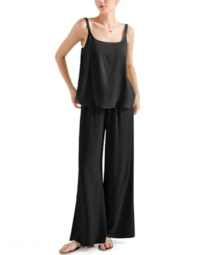 SUUKSESS Women 2 Piece Linen Lounge Set Sleeveless Top Wide Leg Pants Matching Sets Beach Vacation Outfits (Black,XS) | Amazon (US)