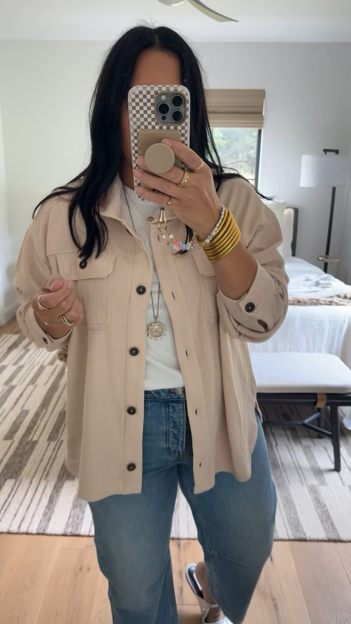 Shacket size large (could have done a medium), t-shirt size large (comes in a pack of 2), jeans size 29 and I’m a size 10 (size down if you are between sizes). Shoes fit tts  

#LTKMidsize #LTKBacktoSchool #LTKOver40