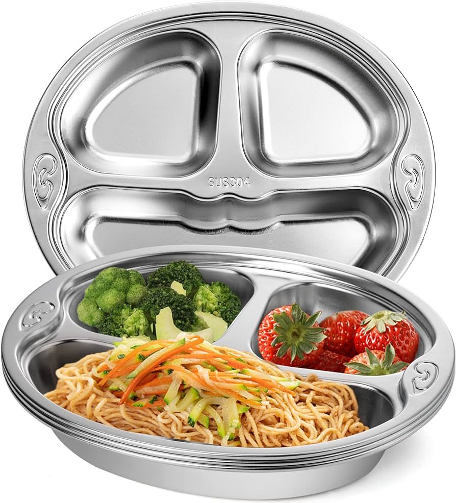 SOUJOY 4 Pack Divided Plate, Stainless Steel Diet Control Dinner Plate, 3 Sections Korean Unbreak... | Amazon (US)