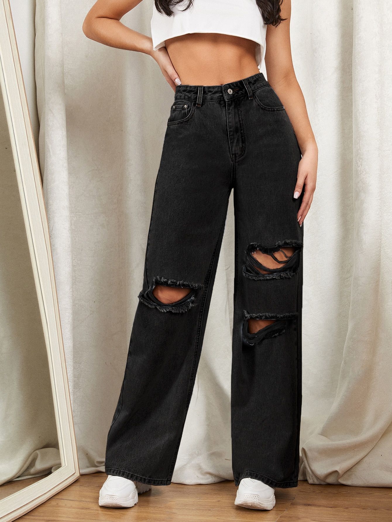 SHEIN EZwear Zipper Fly Ripped Detail Wide Leg Jeans | SHEIN