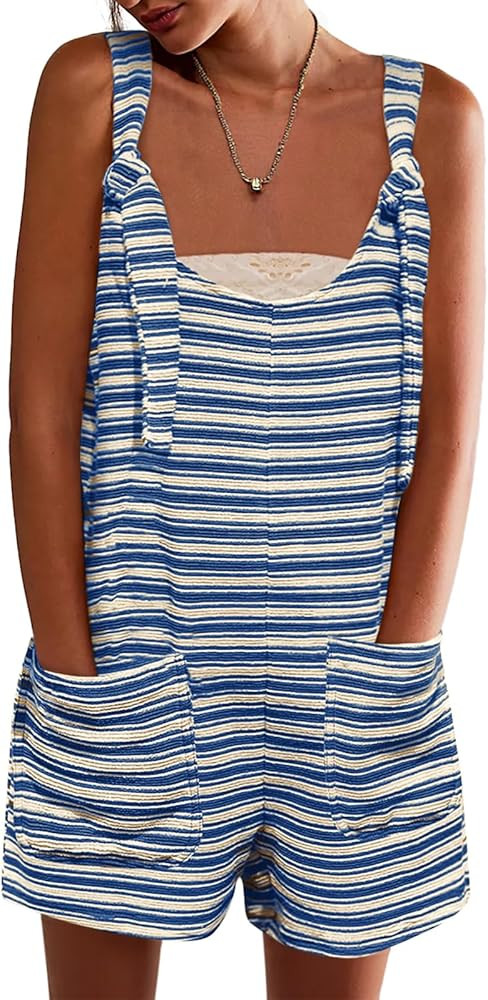Yousify Womens Summer Casual Sleeveless Romper Loose Striped Tied Shorts Overalls Jumpsuit with P... | Amazon (US)