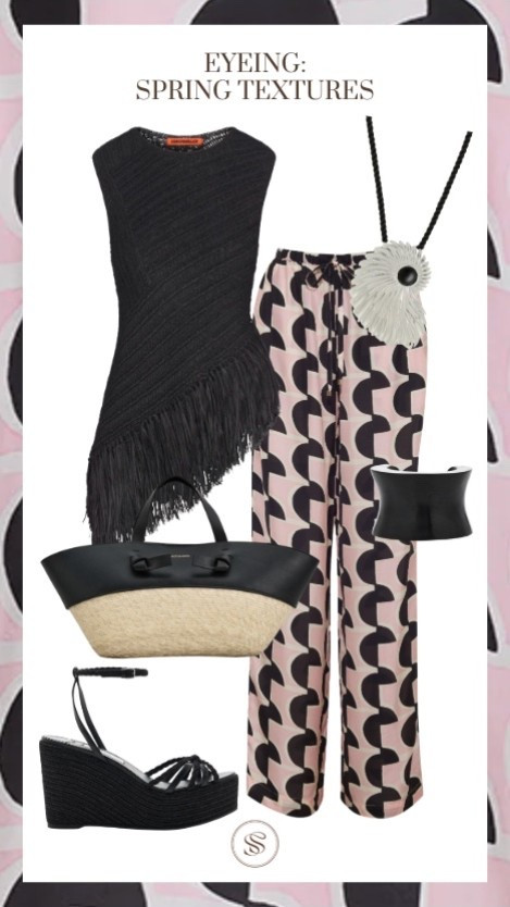 Spring textures
Printed wide leg pant 
Espadrilles
Straw bag 
Shell jewelry