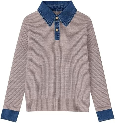 Women’s Sweaters Long Sleeve Denim Lapel V Neck Buttons Closure Pullover Tops Casual Winter Pol... | Amazon (US)