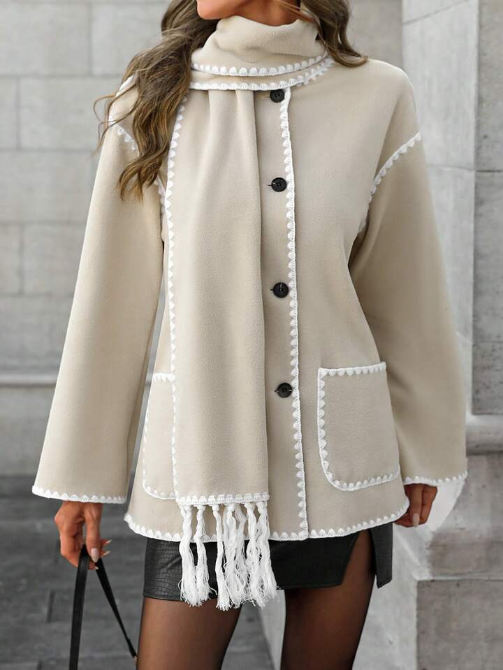 SHEIN LUNE Women Contrast Color Trim Button-Front Long Sleeve Pocket Casual Jacket Thermal | SHEIN