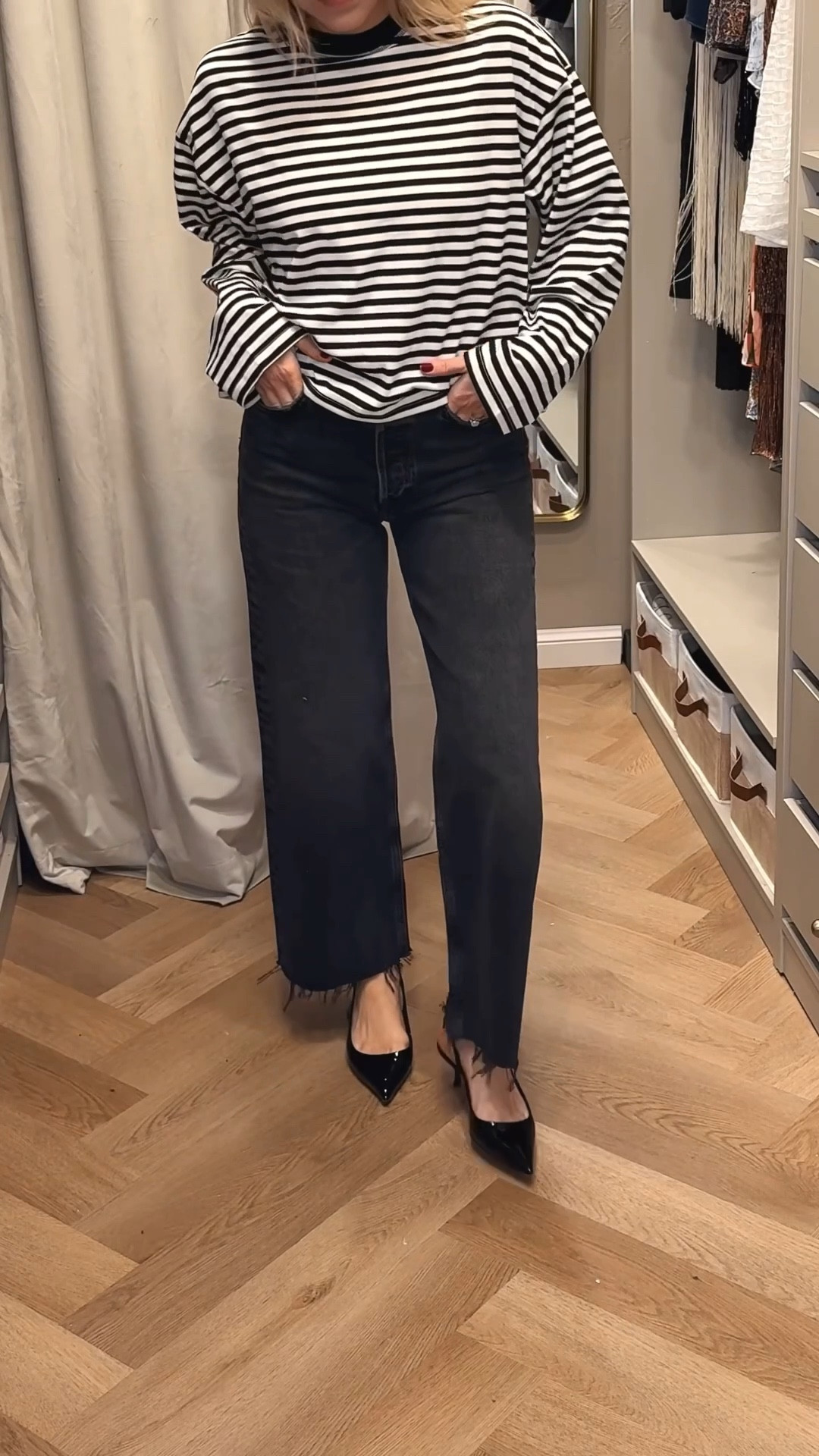 Stripe tee
Black jeans
Cropped wide leg black jeans 


#LTKootd #LTKdayinmylife #LTKSeasonal