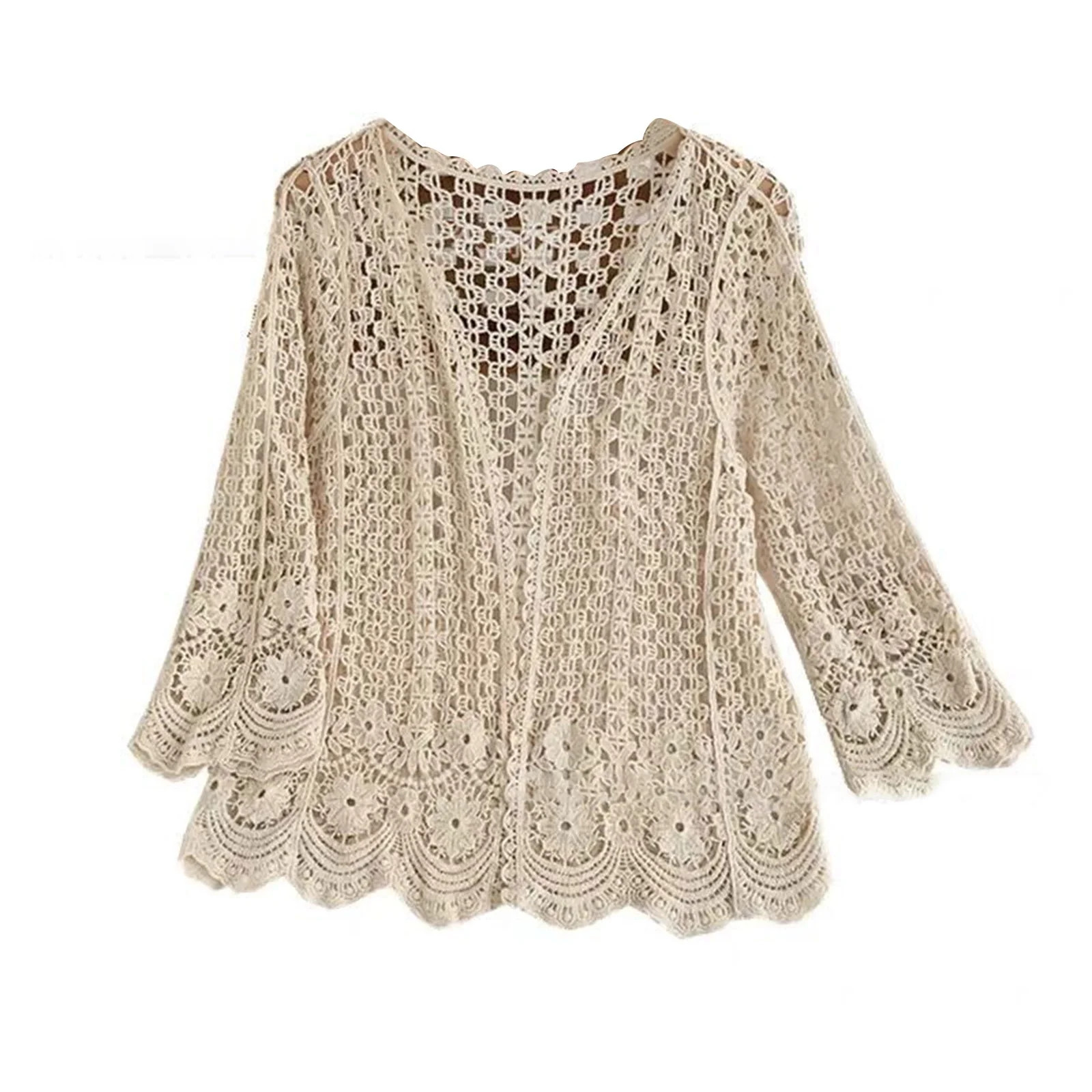 Women Spring Long Sleeve Cardigan Hollow Out Crochet Knit Floral Sweater Cover Up Open Front Scal... | Walmart (US)