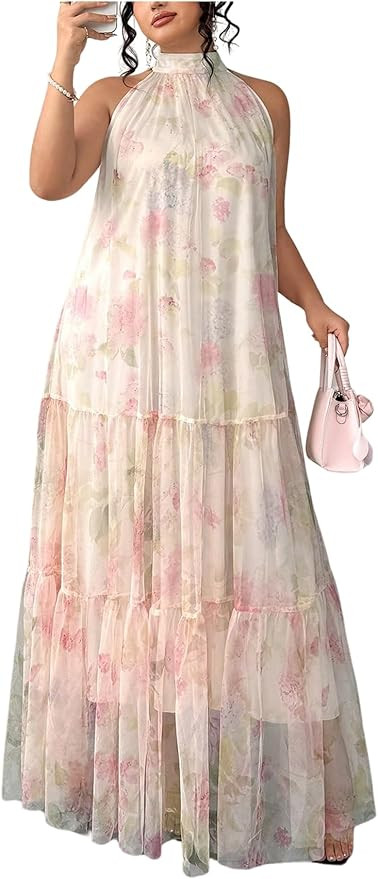BEAUDRM Women's Plus Size Boho Maxi Dress Ruffle Flowy Wedding Guest Dress Halter Sleeveless Summ... | Amazon (US)