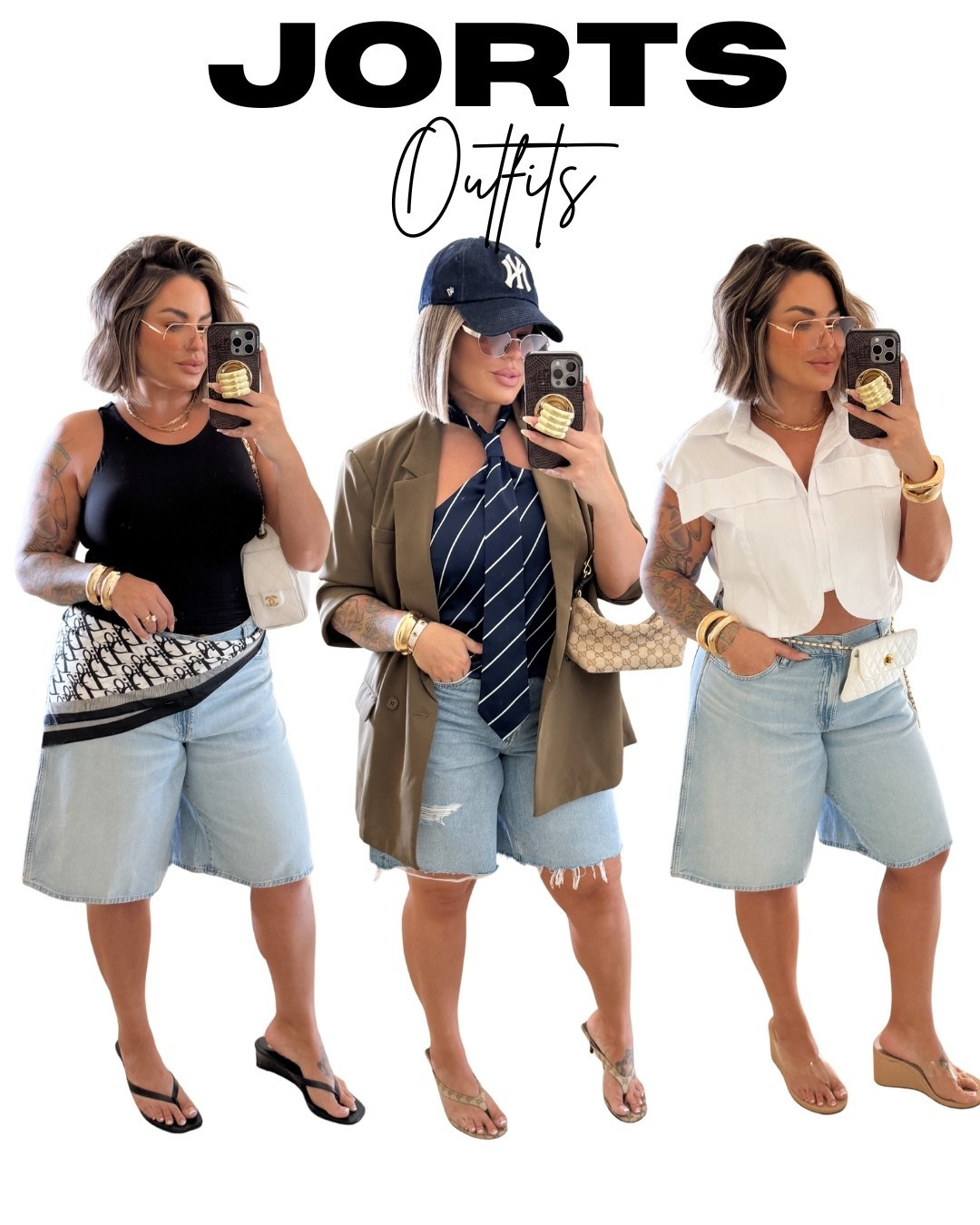 Madewell jorts on major sale almost sold out grab them now ! 
Size 31 
AE jorts size 32 sized up in these 
Black tank M 
Blue tie top L 
White top XL
Blazer xl