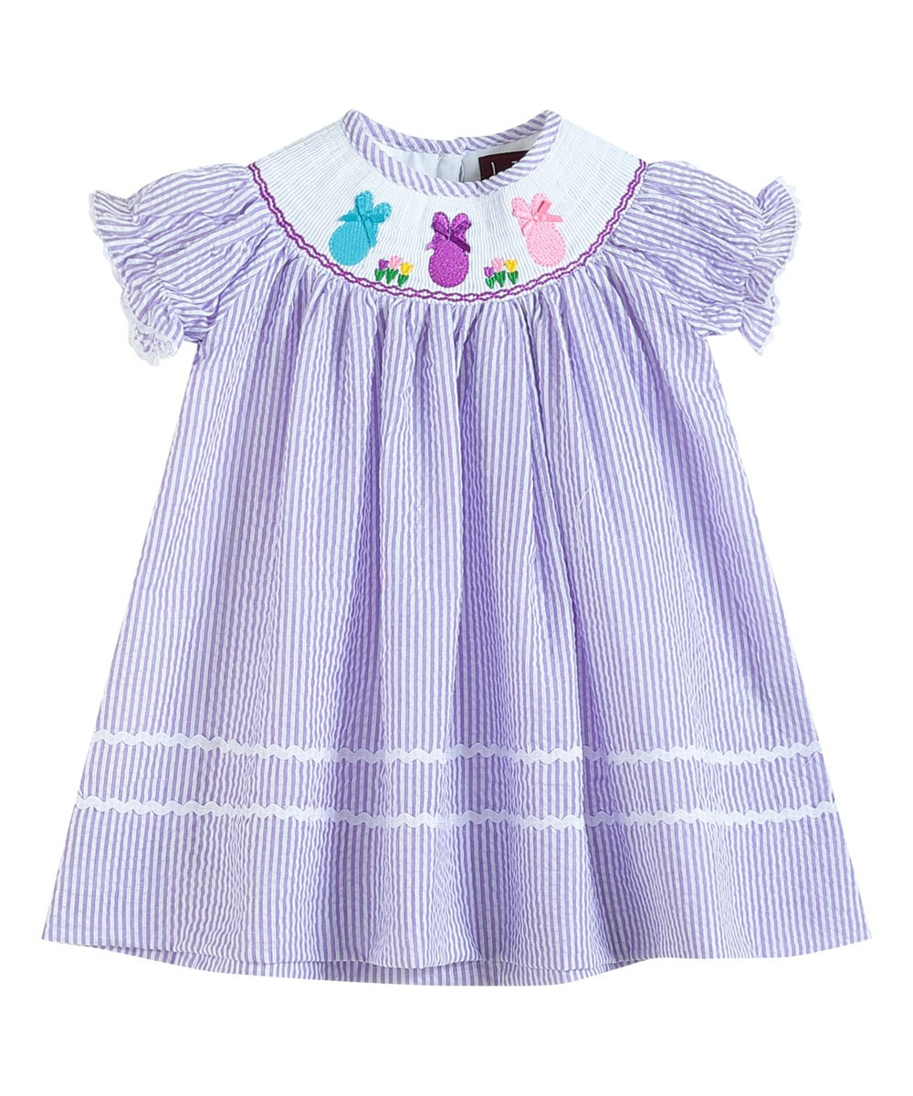 Lil Cactus Girls' Casual Dresses Lavender - Lavender Seersucker Easter Bunnies & Bows Smocked Bishop | Zulily