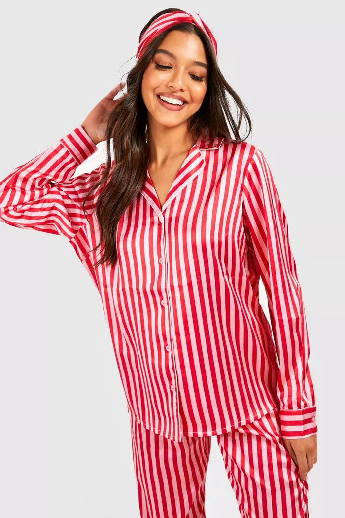 Candy Stripe Satin 3Pc Pajama Set & Headband | boohoo (US & Canada)