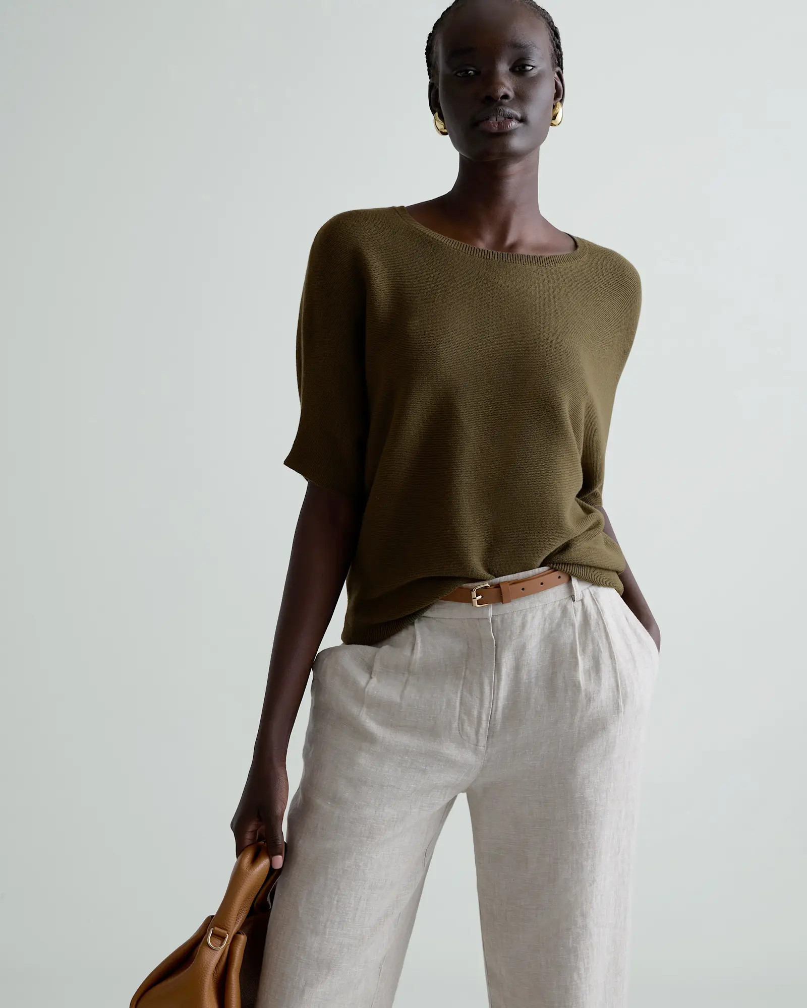 Lightweight Cotton Cashmere Link-Stitch Dolman Sweater  in Olive | Quince
