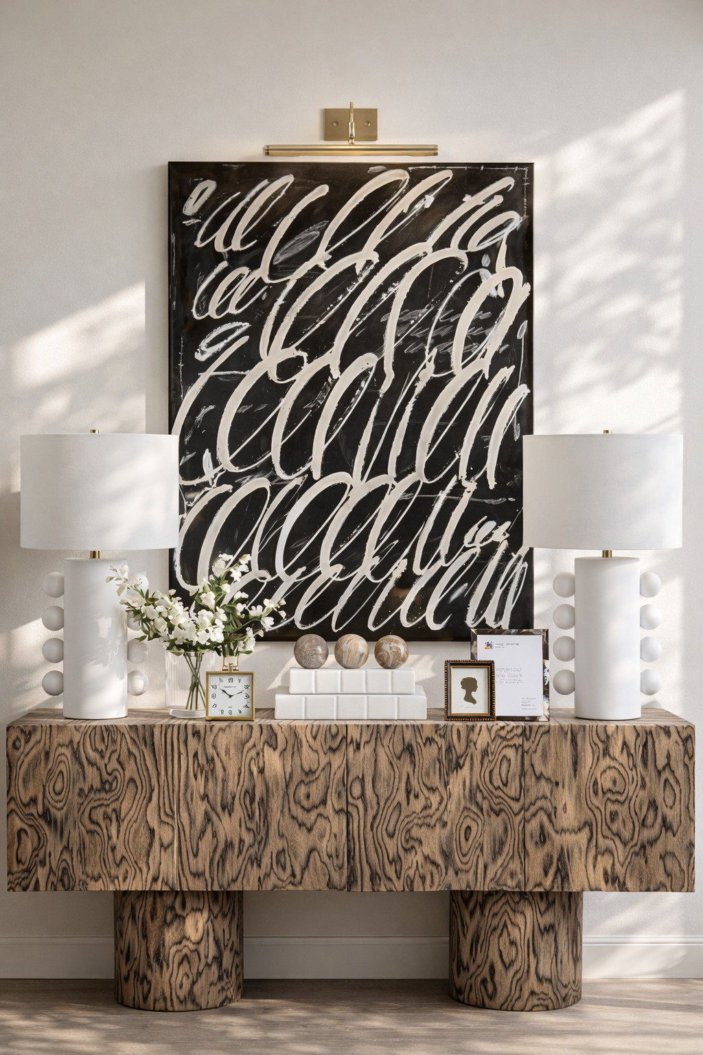 This is how you make an entryway feel instantly elevated. 🤍
Balanced, symmetrical, and anchored with statement art + sculptural lighting—every piece here works together to create a polished first impression. 

 #LTKHome