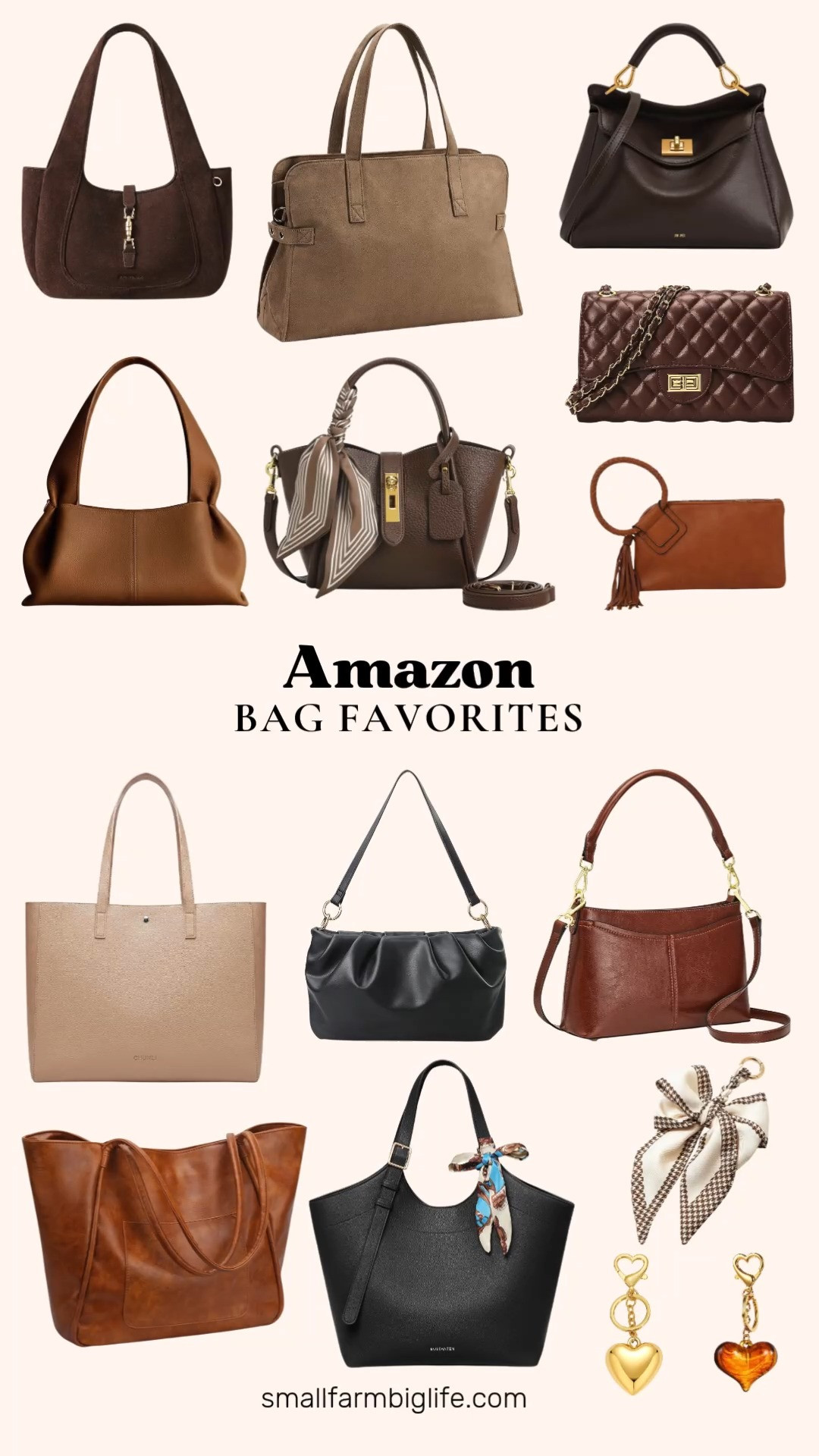 Bags are always a must have, and this Amazon roundup is full of everyday favorites for work, travel, and everything in between.
I am loving the coffee brown BOSTANTEN suede dumpling tote and the light brown KALIDI suede zip tote for an easy work bag, plus the tan quilted laptop tote for anyone commuting with a laptop or iPad. The cognac cloud pouch dumpling clutch and the black ruched cloud pouch hobo bag are both such a fun, soft silhouette right now.
For crossbody and shoulder bags, the brown vintage crossbody, the dark brown JW PEI Lucia top handle bag, the brown quilted chain strap crossbody, and the brown Kattee leather crossbody with the detachable straps are all great everyday options. The cognac large zip tote and the black BOSTANTEN slouchy work tote with the detachable scarf are perfect for work or travel, and the cognac vegan leather clutch wristlet is great for a dressier occasion.
I am also loving the brown and cream houndstooth bow purse charm and the amber and gold and puffy gold heart bow keychains for adding a fun, personal detail to any bag.
Shop all of my favorite bags from Amazon linked in this post. 

 #LTKootd #LTKOver40 #LTKWorkwear