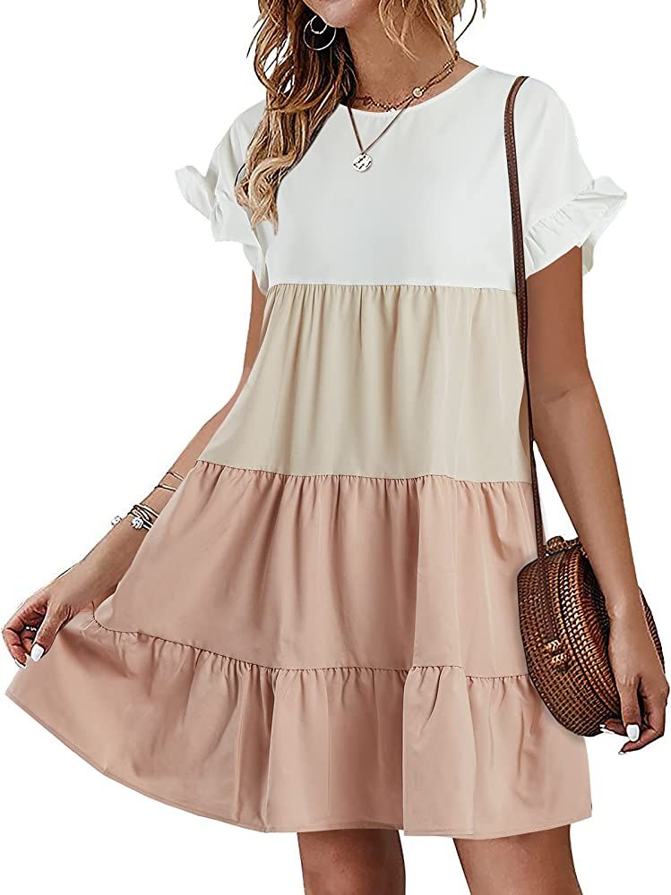Looks Cute Women Summer Casual Ruffles Dress Color Block Short Sleeve Babydoll Loose Swing Flowy T-S | Amazon (US)