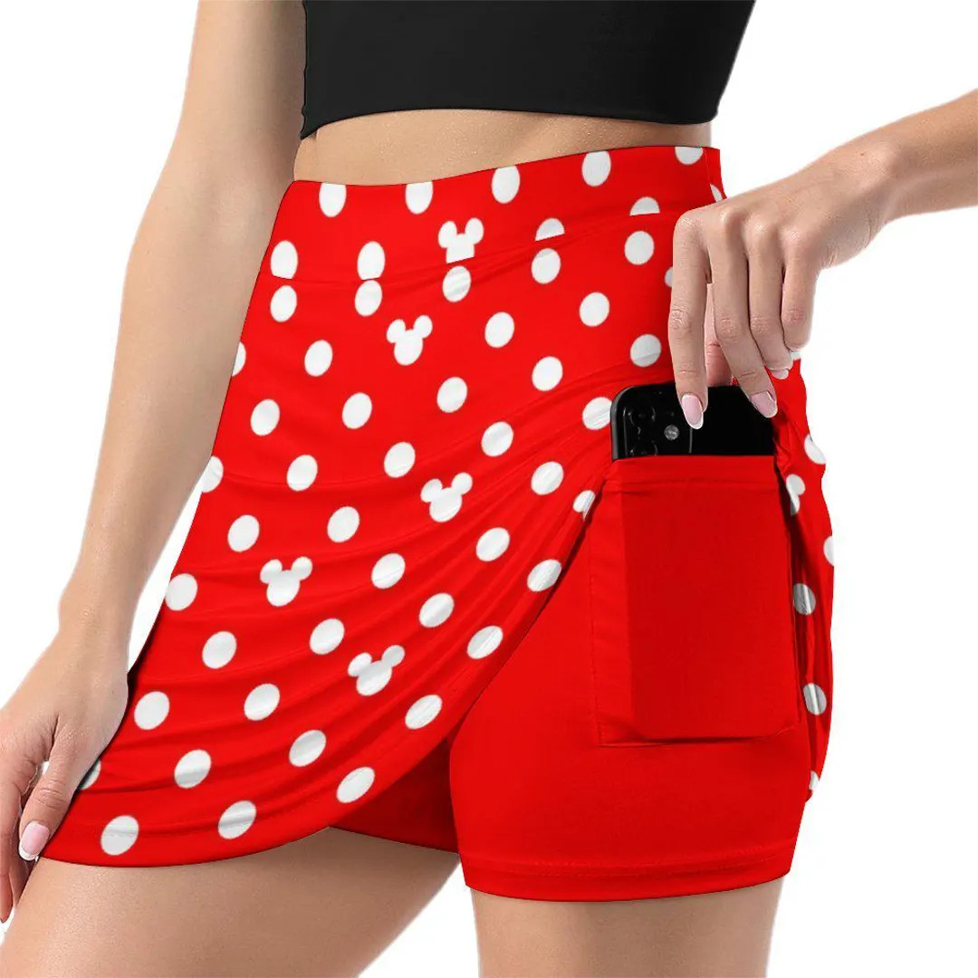 Red With White Mickey Polka Dots Athletic A-Line Skirt With Pocket Solid Shorts | Etsy (US)