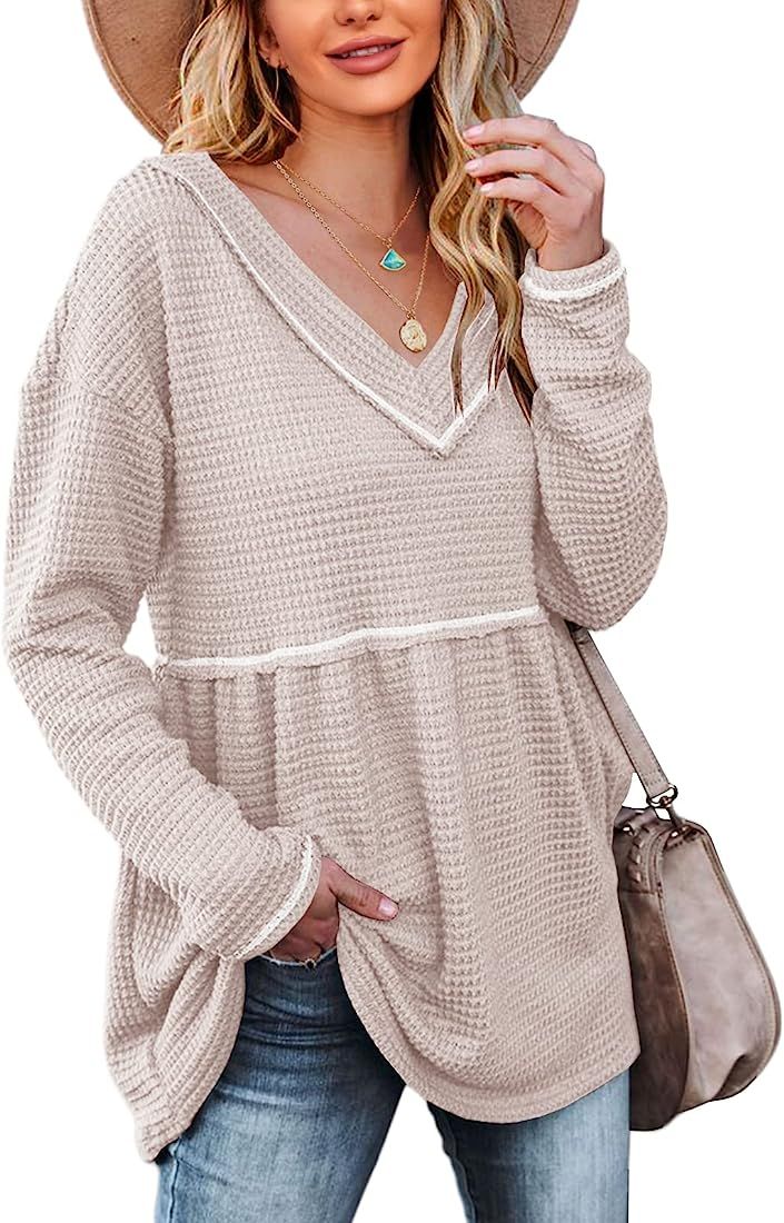 Womens V Neck Waffle Tunic Top Long Sleeve Peplum Pullover Babydoll Casual Flowy Swing Tshirts Pullo | Amazon (US)