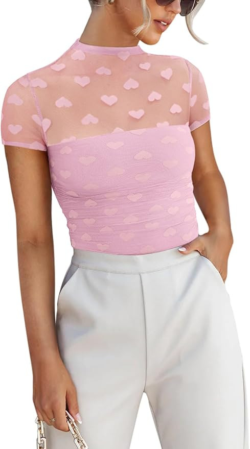 REORIA Women's Sexy Mock Turtle Neck Short Sleeve Shirts Sheer Mesh Ruched Trendy Going Out Bodys... | Amazon (US)