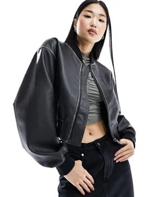 ASOS DESIGN faux leather cropped bomber jacket in washed black | ASOS (Global)