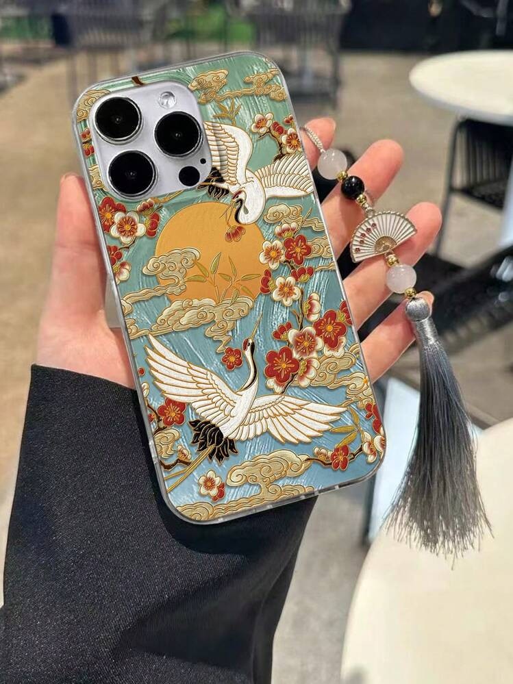 New Gradient PC+TPU Feather Mesh IMD Vintage Crane & Flower Painted Anti-Drop Phone Case With Colorful Bead, Plum Blossom Fan, Tassel Pendant Decoration, Compatible With IPhone 16/11/16pro/16plus/16promax/16e/15Promax, Compatible With Redmi | SHEIN