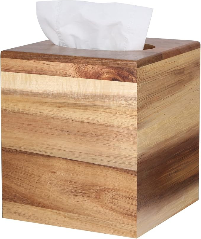 Tissue Box Cover, Acacia Wood Tissue Box Cover with Slide-Out Bottom, Tissue Box Cover Square for... | Amazon (US)