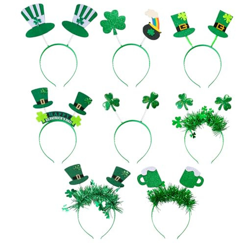Zienlay 8Pcs St. Patrick's Day Headbands, Green Shamrock Clover Hats Headband Boppers, Saint Patricks Day Irish Headwear Costume Accessories Top Hat Head Band Bopper Party Favors for Women Men | Amazon (US)