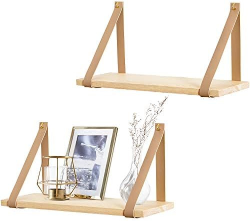 Mkono Hanging Shelf Wall Wood Floating Storage Shelves Leather Strap Swing Organizer, Set of 2 | Amazon (US)