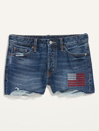 High-Waisted Button-Fly O.G. Straight Embroidered Cut-Off Non-Stretch Jean Shorts for Women -- 1.... | Old Navy (US)