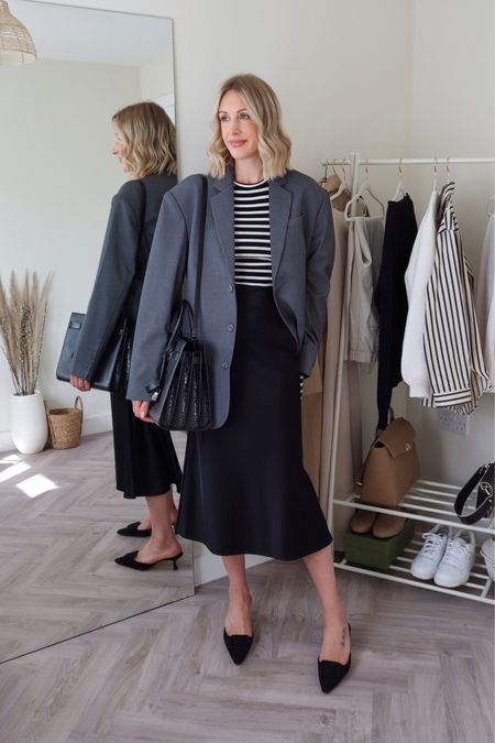 Office work wear outfit idea - grey blazer, Breton stripe and satin slip skirt (bag and shoe alternative linked below)

#LTKworkwear #LTKshoecrush #LTKitbag