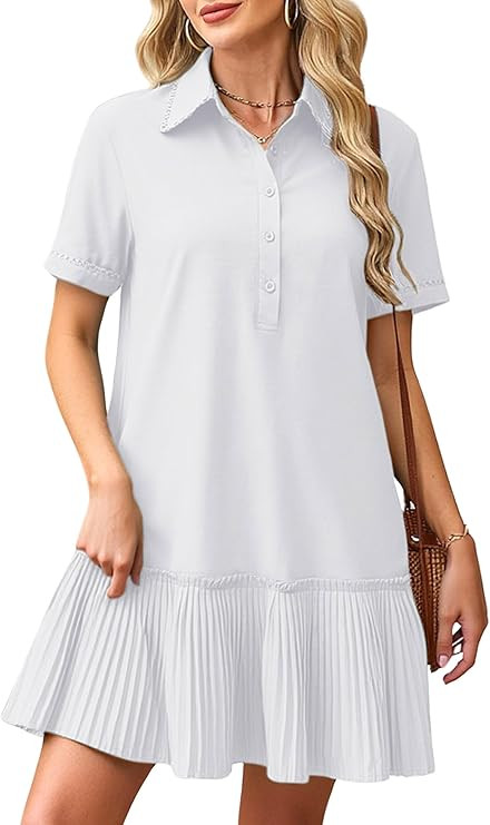 ECOWISH Women Summer Shirt Dress- V Neck Short Sleeve Casual Shift Dresses Button Down Mini Dress... | Amazon (US)