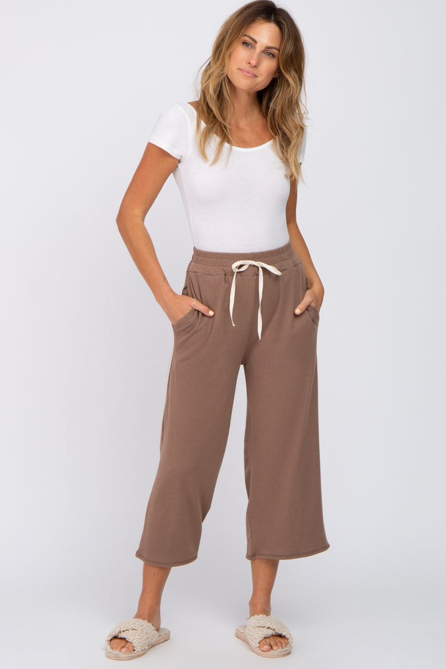 Taupe Ribbed Cropped Wide Leg Pants | PinkBlush Maternity