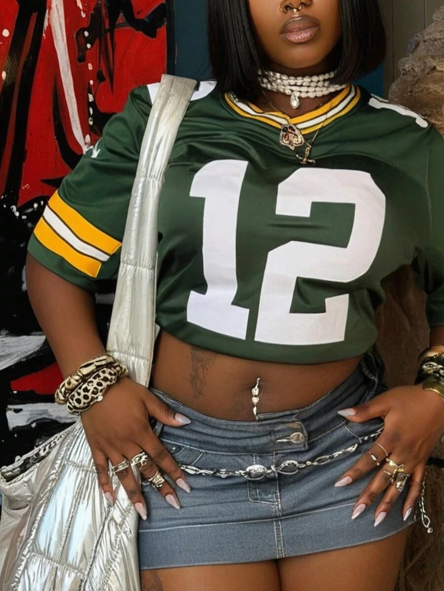 SHEIN EZwear Plus Size Women's Summer Numeric Striped Print Short Sleeve Cropped Casual T-Shirt, ... | SHEIN