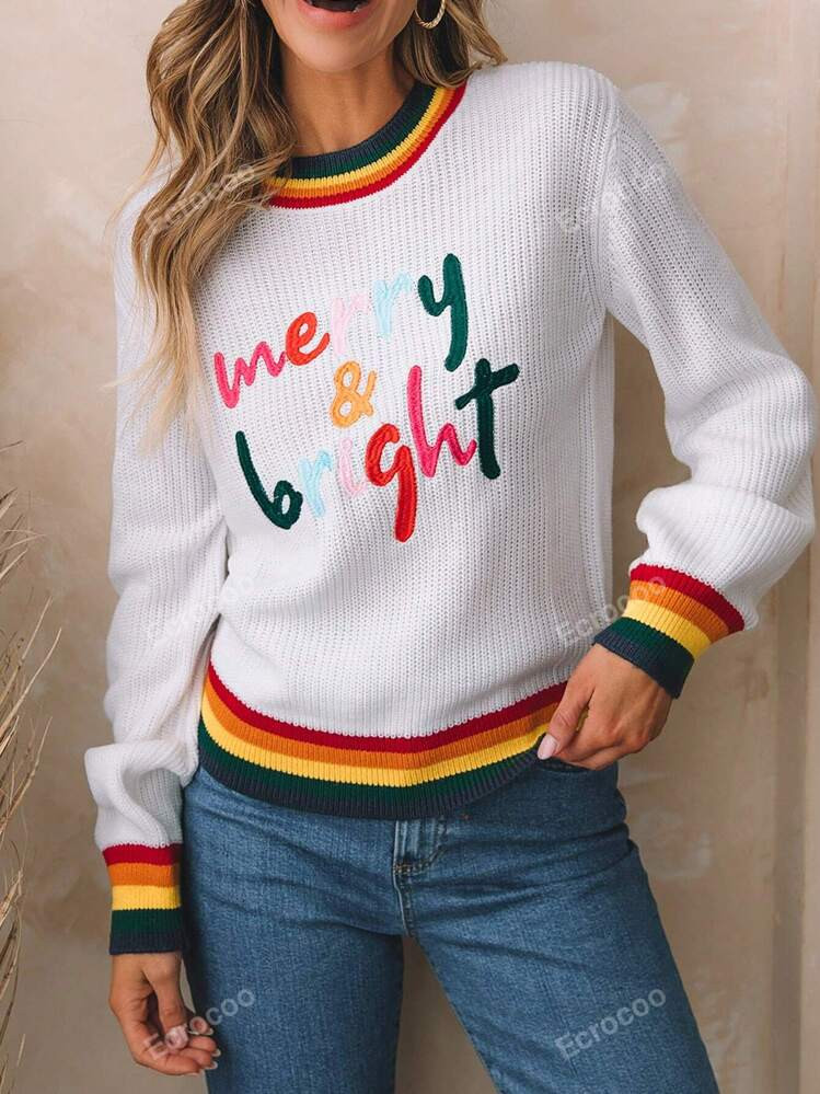 Glitter Merry & Bright Colorful Stripes Trim Sweater | SHEIN