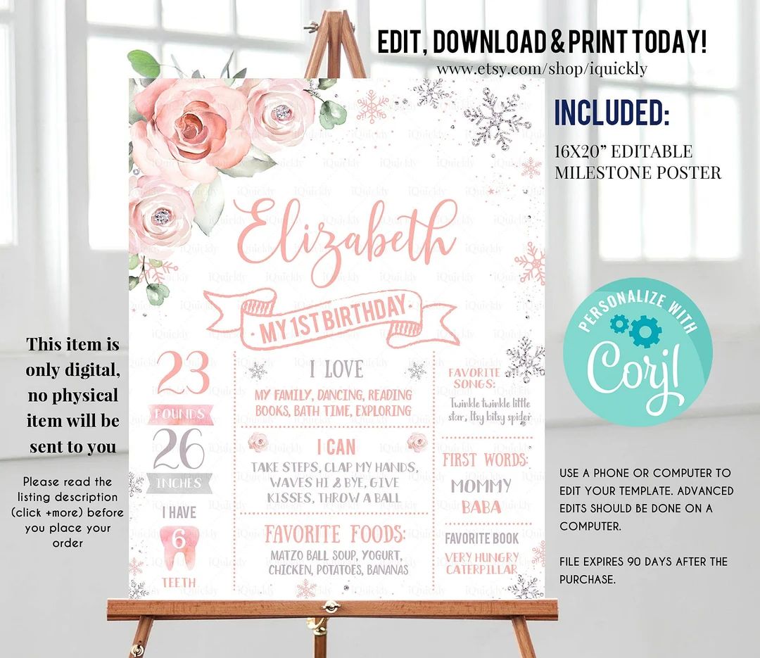 EDITABLE Winter Onederland Milestone Birthday Poster, Snowflakes First Birthday Chalkboard sign, ... | Etsy (US)