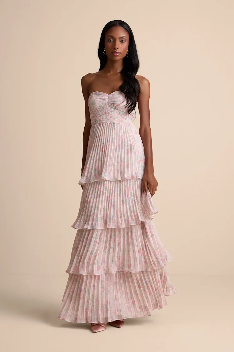 Seriously Sensational Blush Floral Strapless Tiered Maxi Dress | Lulus