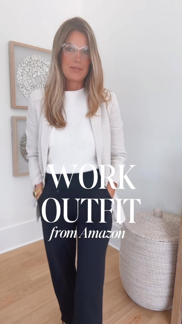 Work outfit from Amazon.  I am 5’11” wearing small 35” inseam in these pants with a heel. Small top and blazer.

#LTKTall #LTKWorkwear #LTKOver40