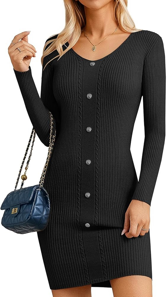 GRACE KARIN Womens V Neck Sweater Dress Button Decor Ribbed Knit Bodycon Mini Casual Dresses 2025... | Amazon (US)