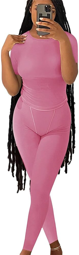 Casual Workout Two Piece Outfits for Women Fitted Crew Neck T-shirt High Waist pants Matching Set... | Amazon (US)