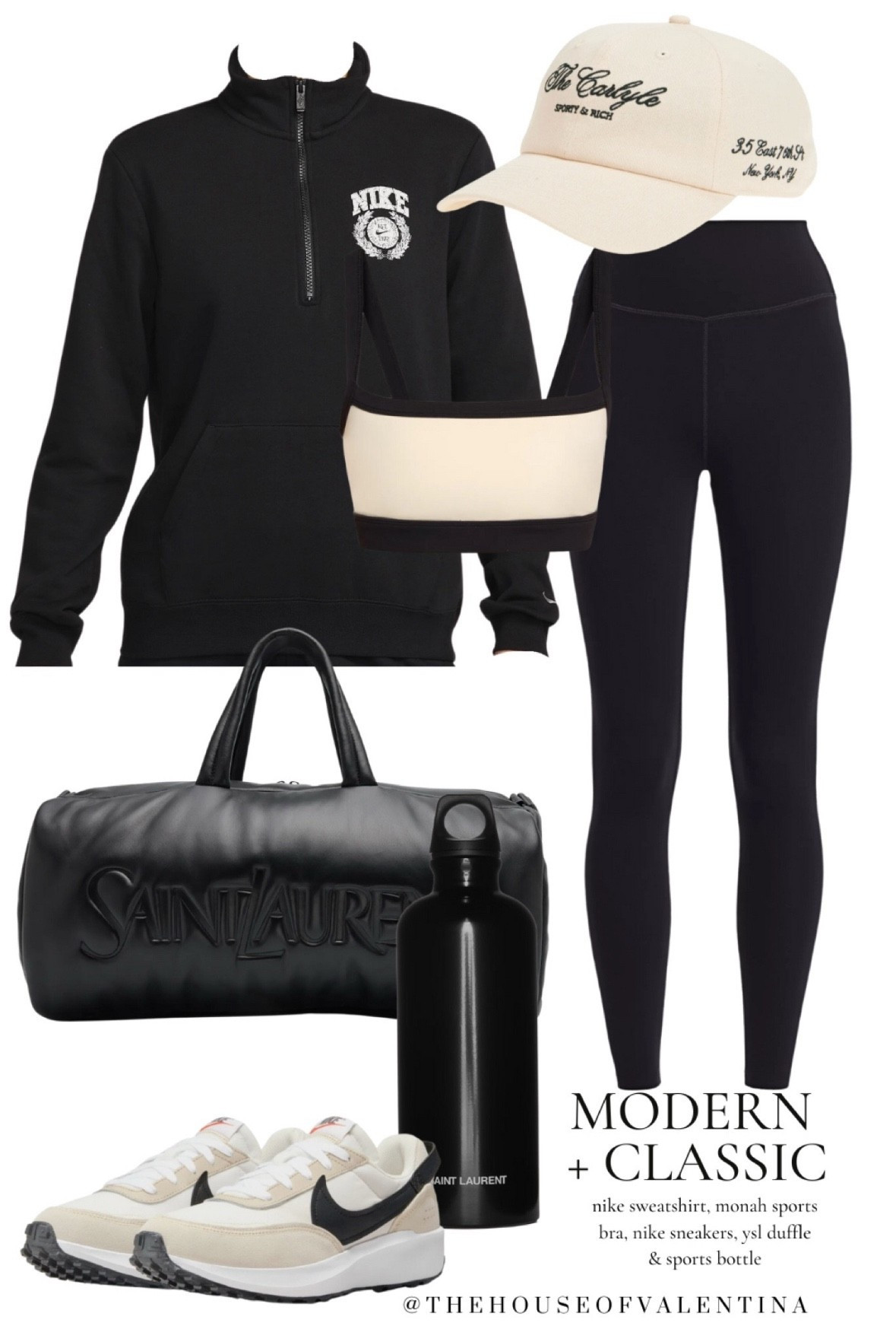 Modern classic active wear…. nike sweatshirt, monah sports bra, nike sneakers, ysl duffle & sports bottle