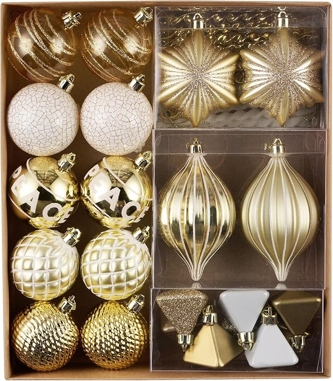 DecorbyHannah 40ct Christmas Ornaments Set, Assorted Gold White Christmas Tree Ornaments Decorati... | Amazon (US)