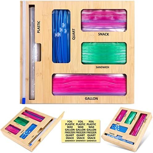 Amazon.com: Ziplock Bag Storage Organizer with Cutter - Bamboo Baggie Organizer Dispenser for Kit... | Amazon (US)