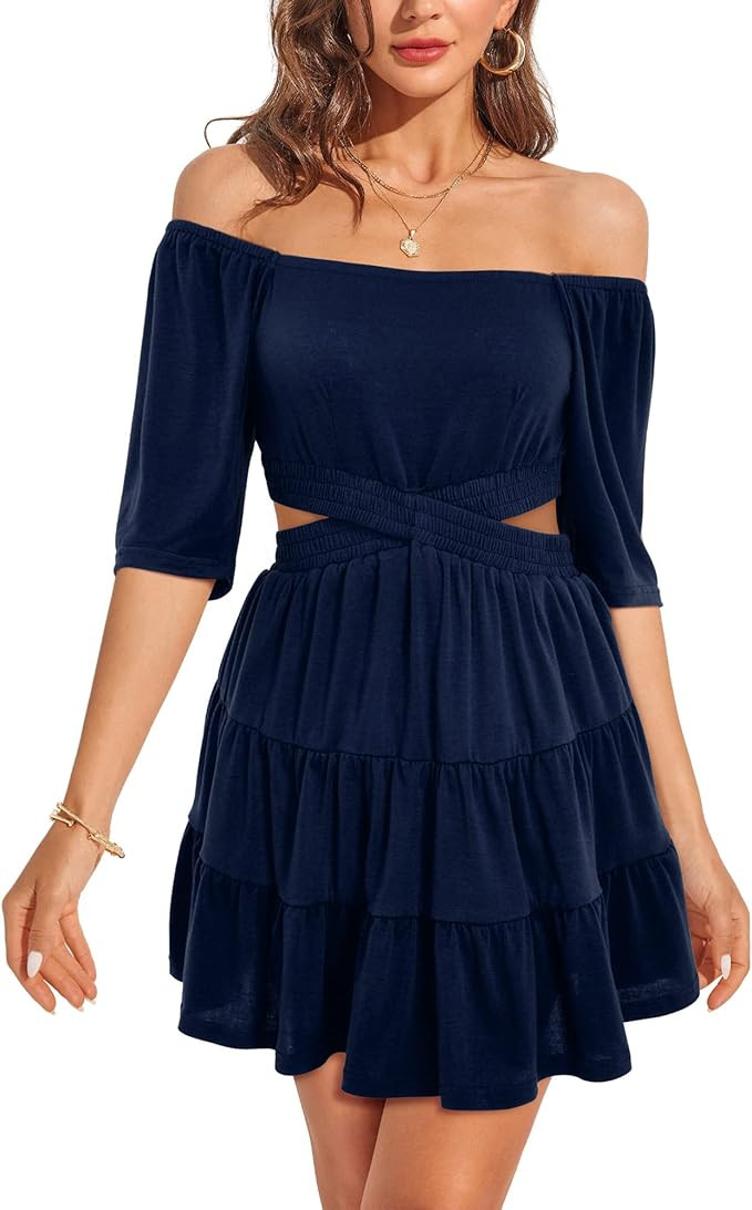 OUGES Womens Summer Casual Ruffle Square Neck Elastic Waist Cut Out Short Dress | Amazon (US)